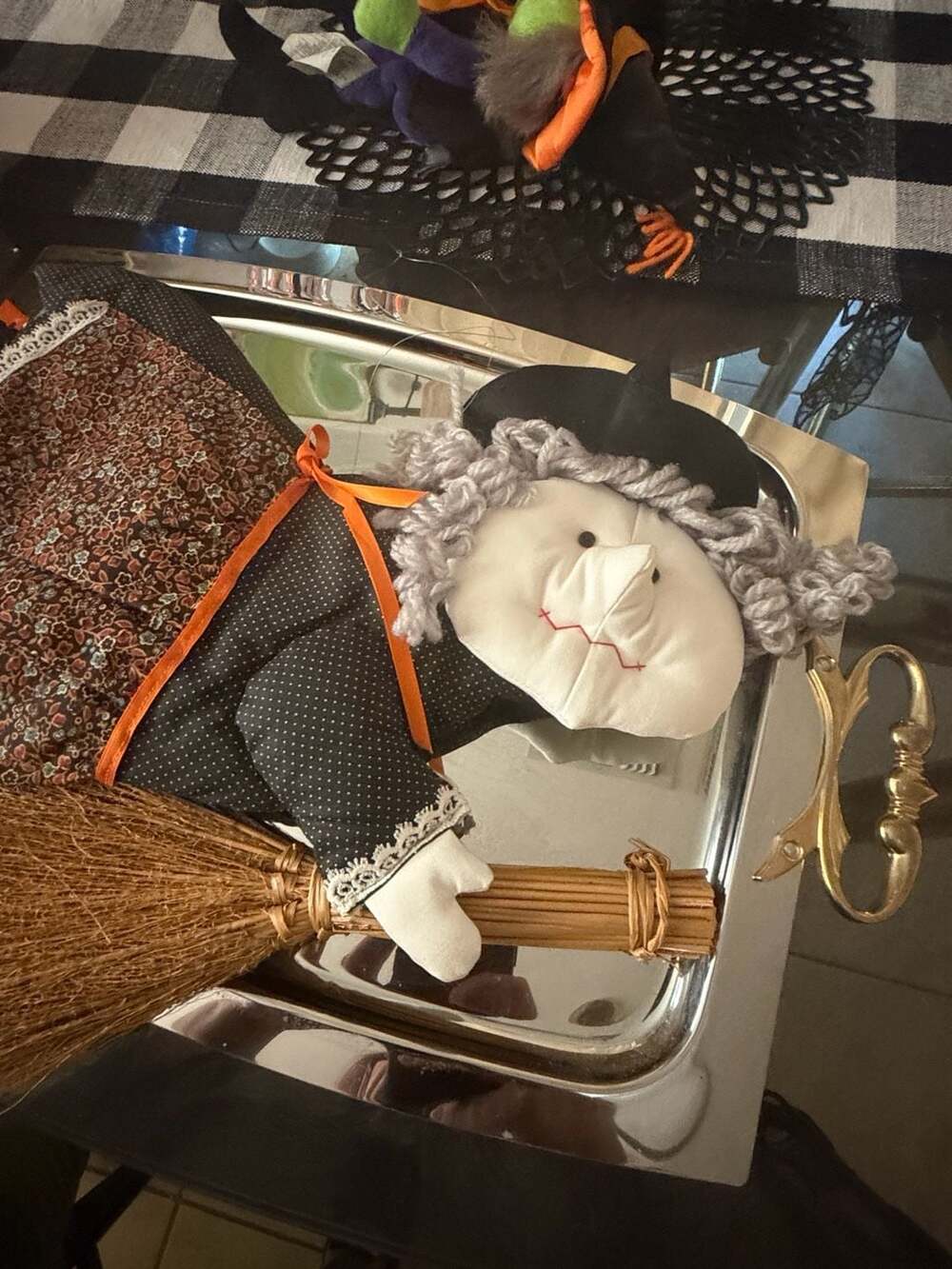Vintage Halloween Witch hanging Doll with Broom and Dress